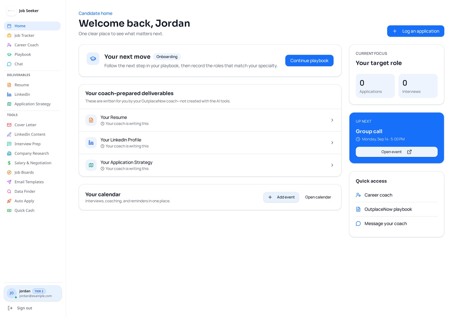 Preview of the OutplaceNow job seeker portal dashboard