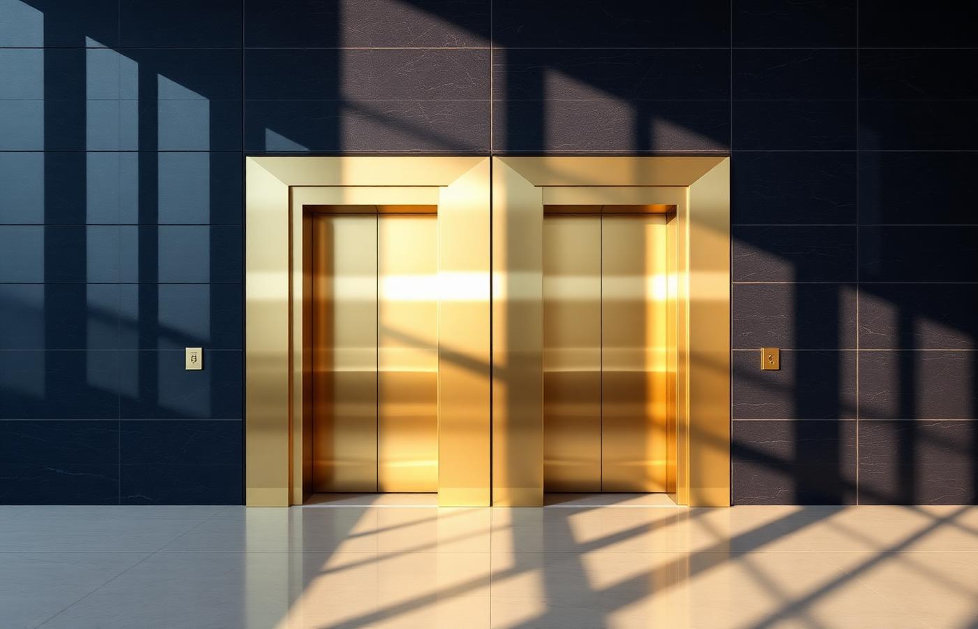 Brushed brass elevator doors against deep navy stone